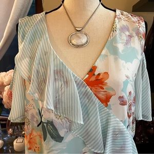 Calvin Klein Floral Print Cold Shoulder Blouse w/ Ruffle Detail ~ Sz XL